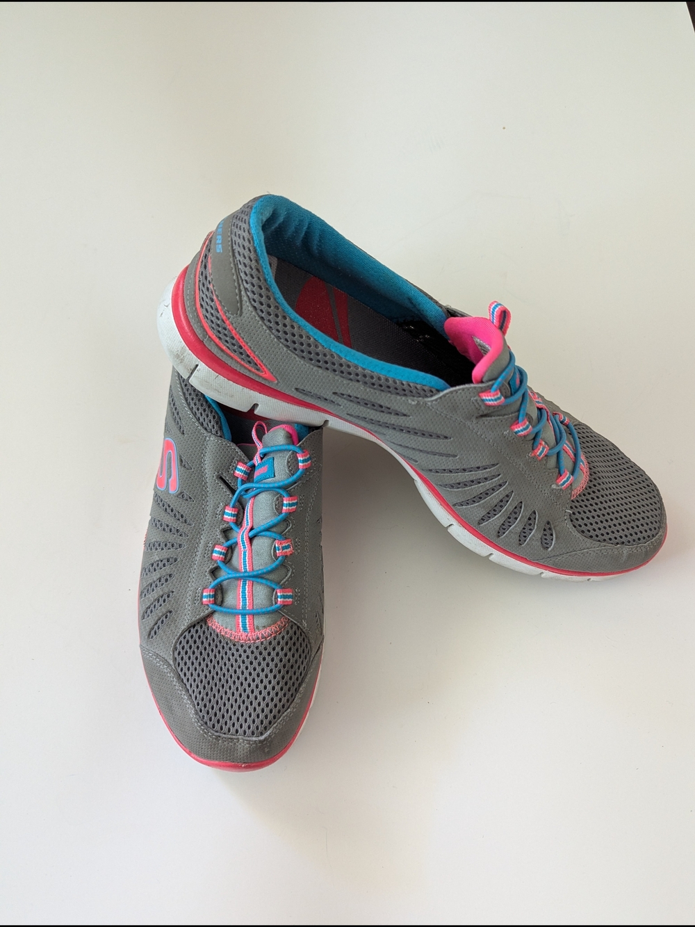 Skechers Grey Athletic Sneakers with Pink & Teal Details - 11